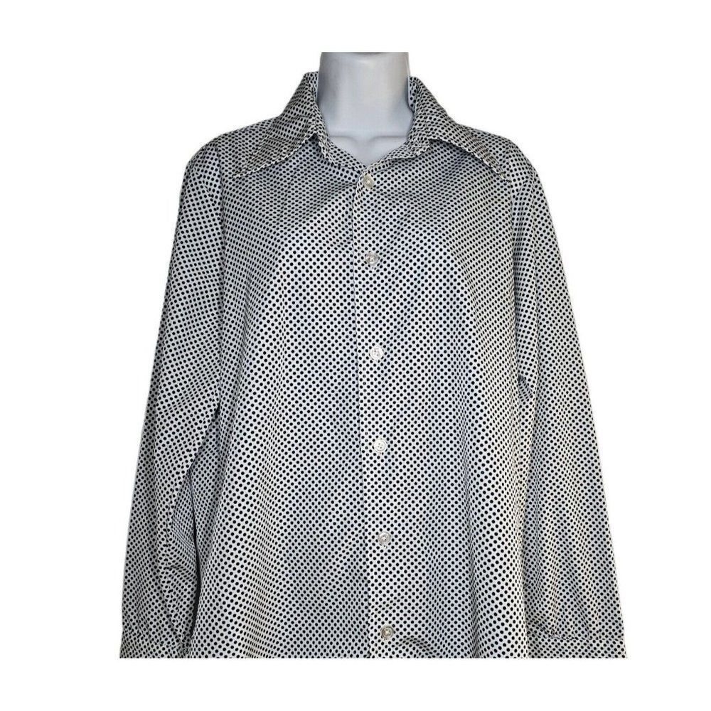 Vintage 70s Button Up Shirt Mens Size M White Blue Polka Dot Disco Dagger Collar